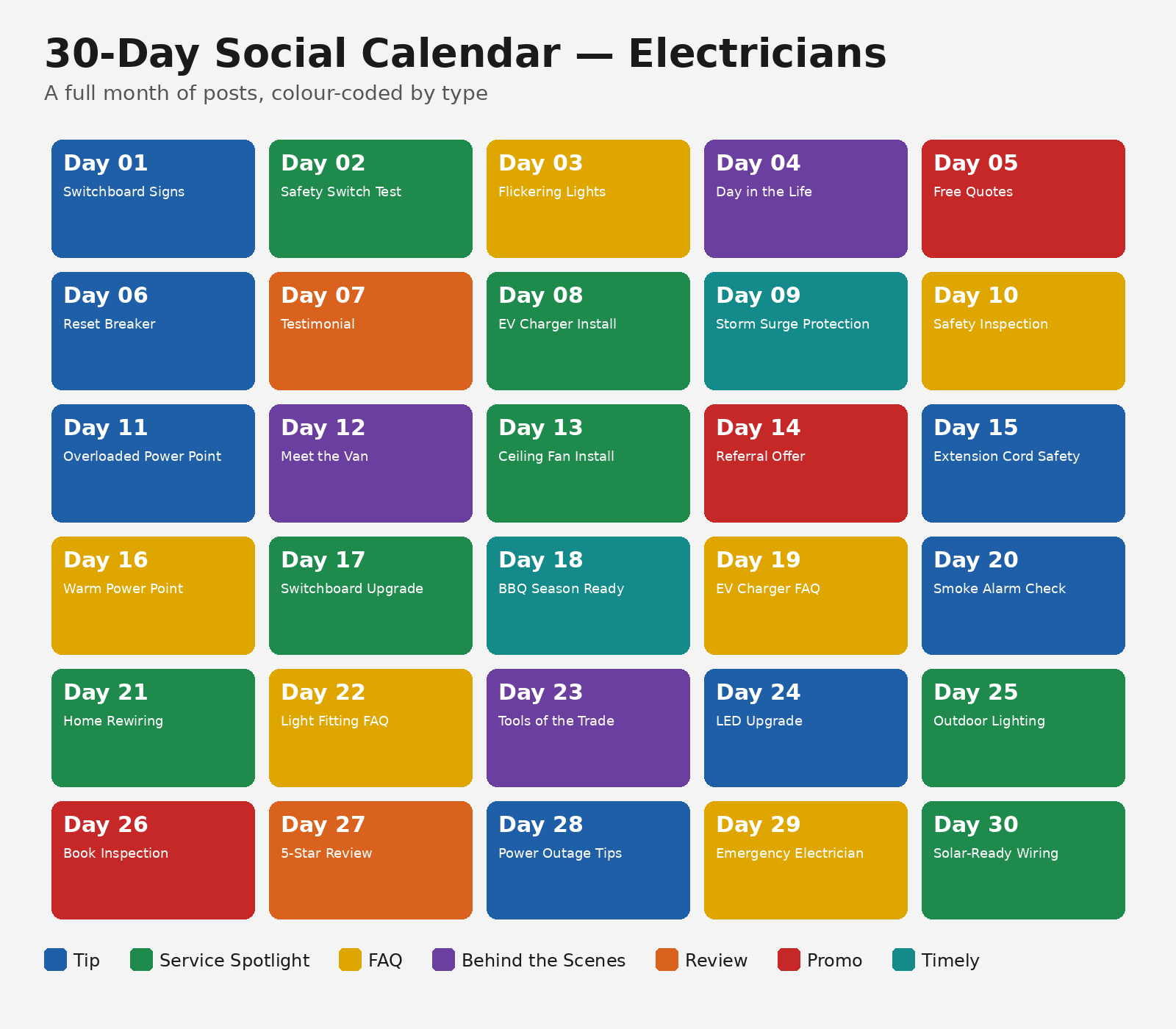 Sample 30-day social calendar for an electrician business